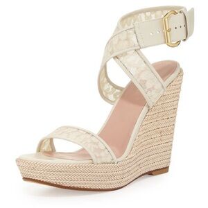 Stuart Weitzman Guipure Lace Wedge Sandal, Ivory